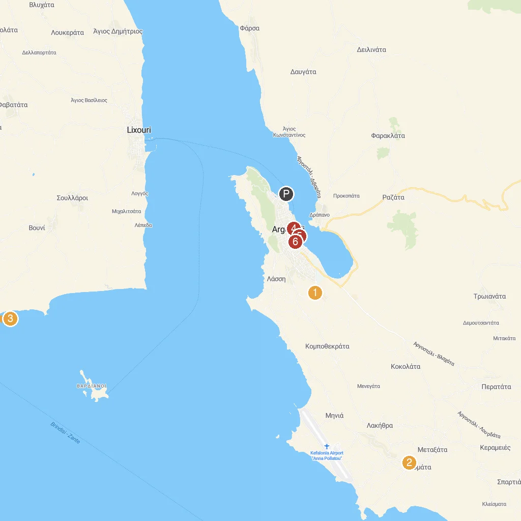 Kefalonia Island, Ionian Islands, Greece map with numbered points of interest