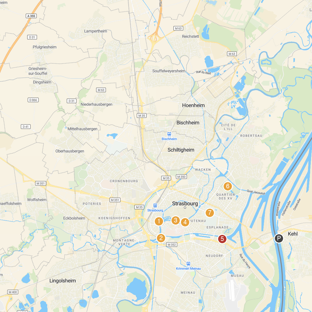 Kehl-Strasbourg, Baden-Wurttemberg, Germany map with numbered points of interest