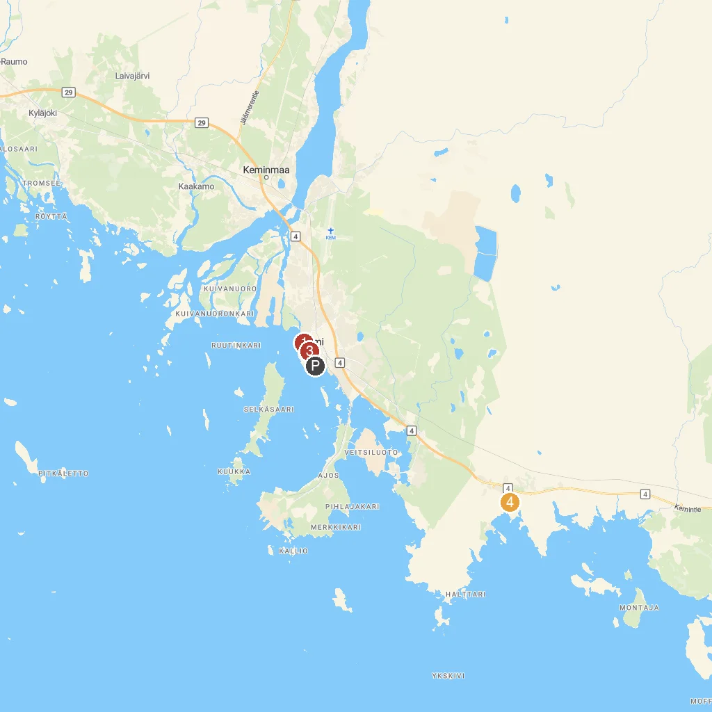 Kemi, Lapland, Finland map with numbered points of interest