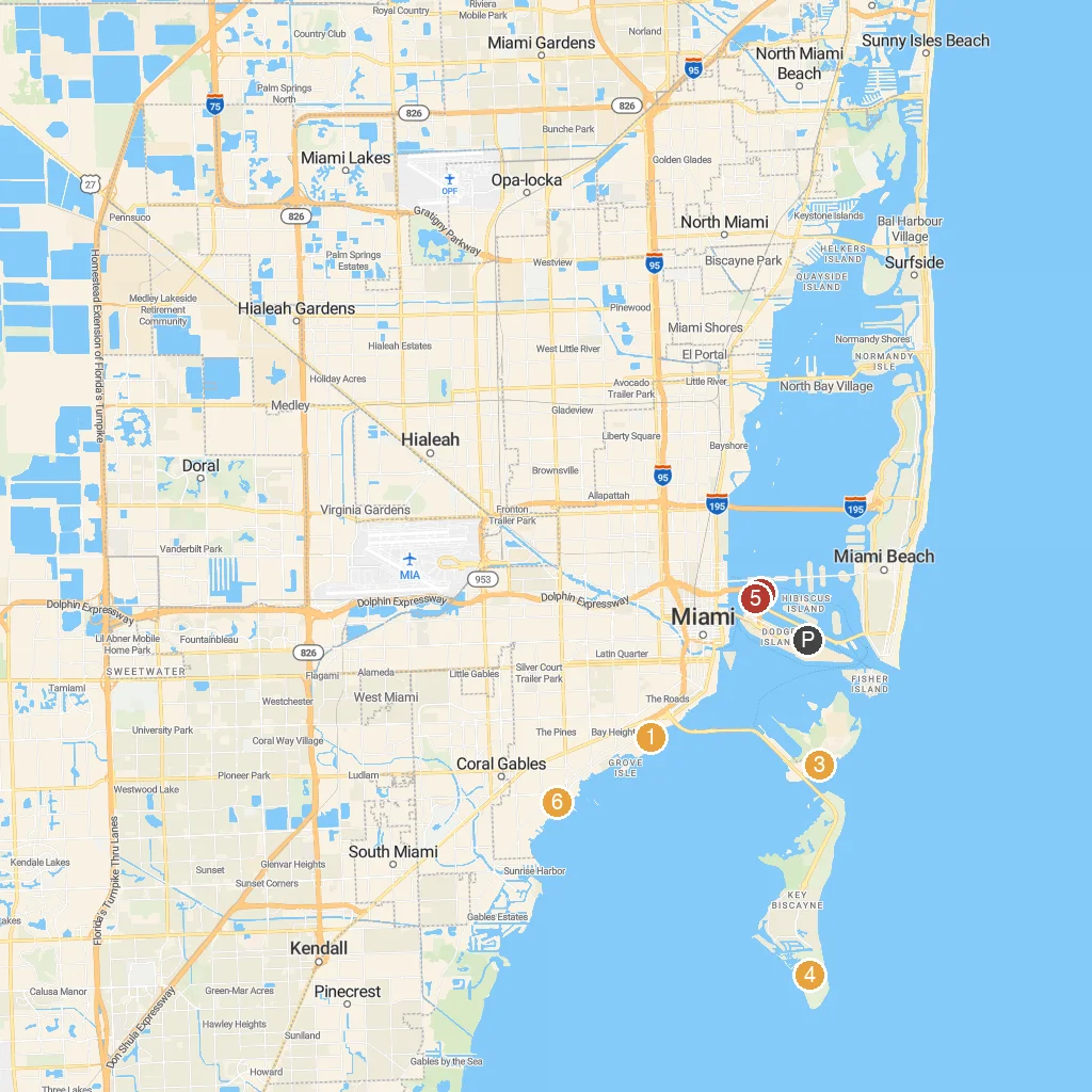 Key Biscayne, Florida, USA map with numbered points of interest