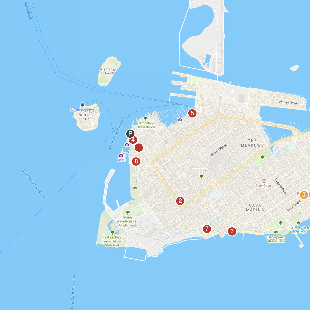 Key West, Florida, USA map with numbered points of interest