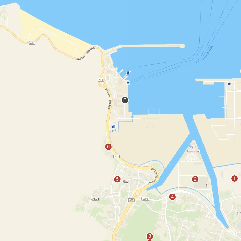 Khasab, Musandam Governorate, Oman map with numbered points of interest