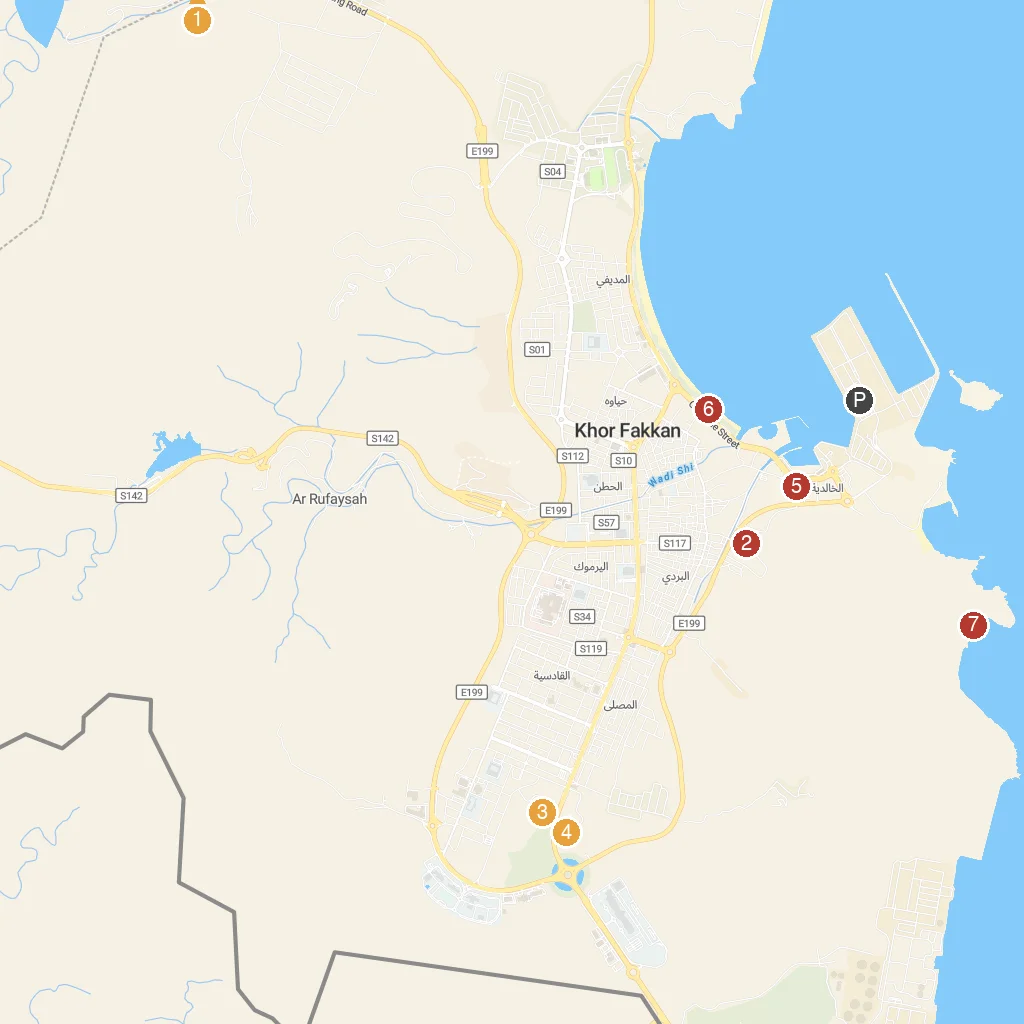 Khor Fakkan, Sharjah, UAE map with numbered points of interest