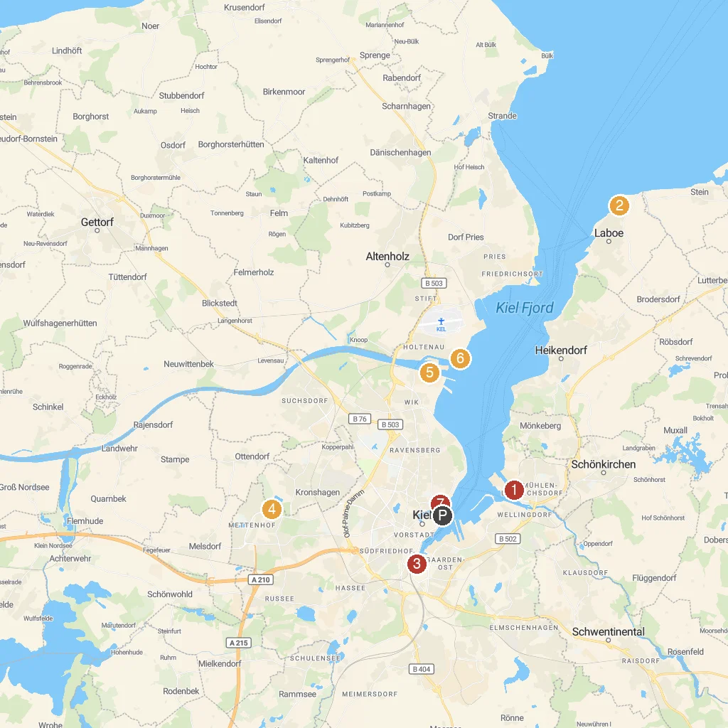 Kiel, Germany map with numbered points of interest