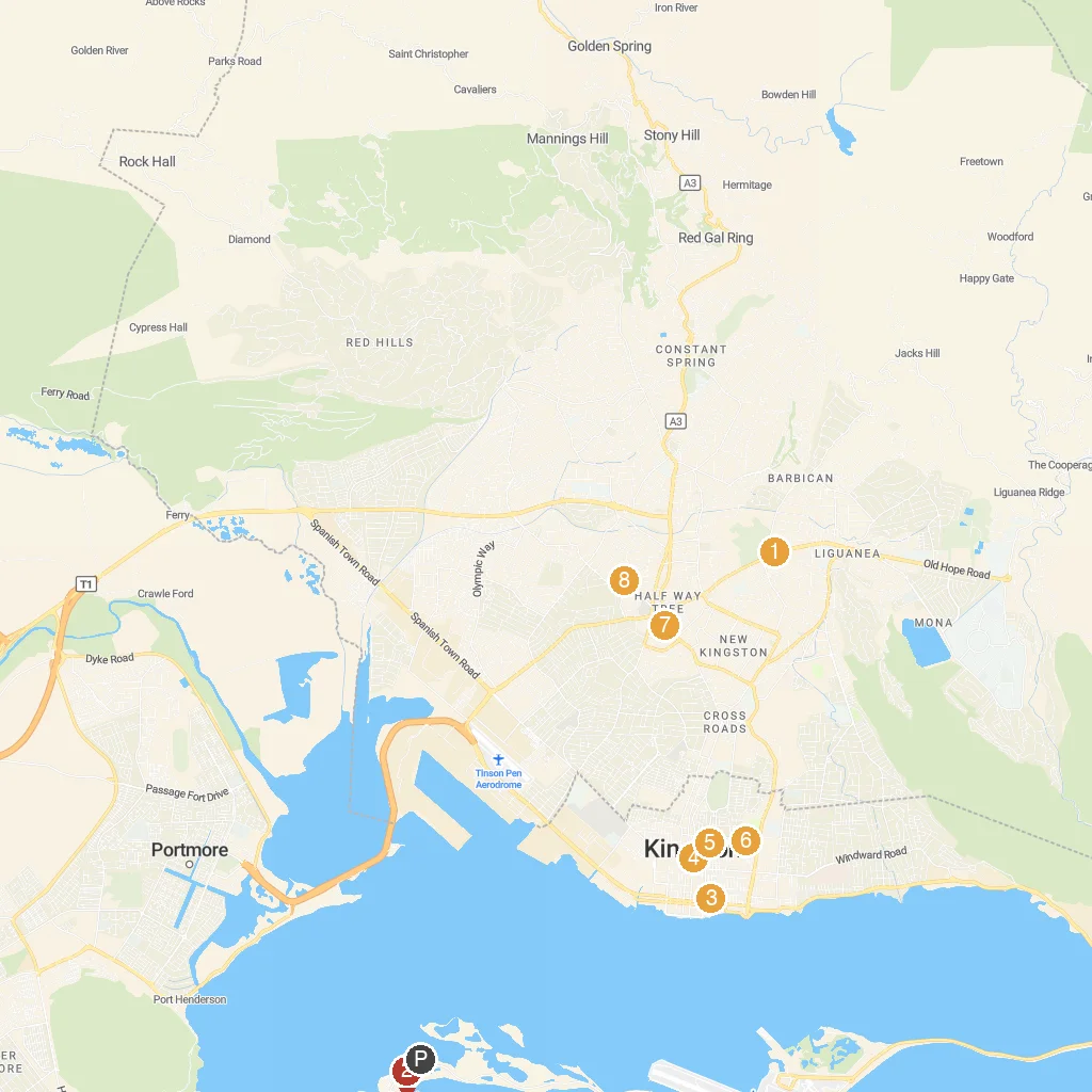 Kingston (Port Royal), Jamaica map with numbered points of interest