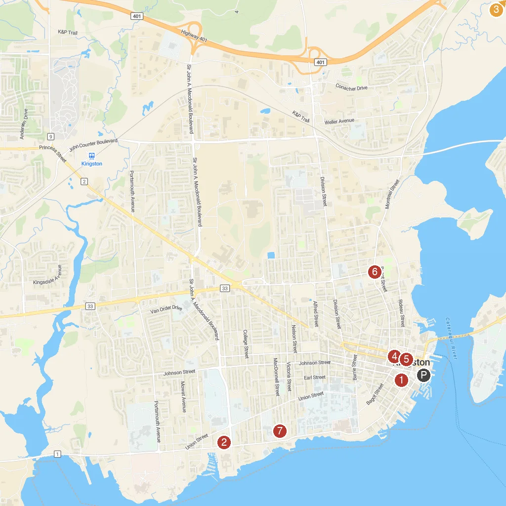 Kingston, Ontario, Canada map with numbered points of interest