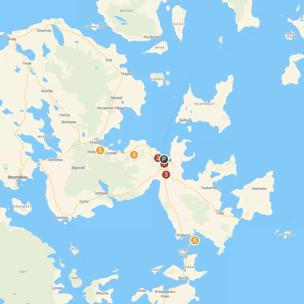 Kirkwall, Orkney, Scotland map with numbered points of interest