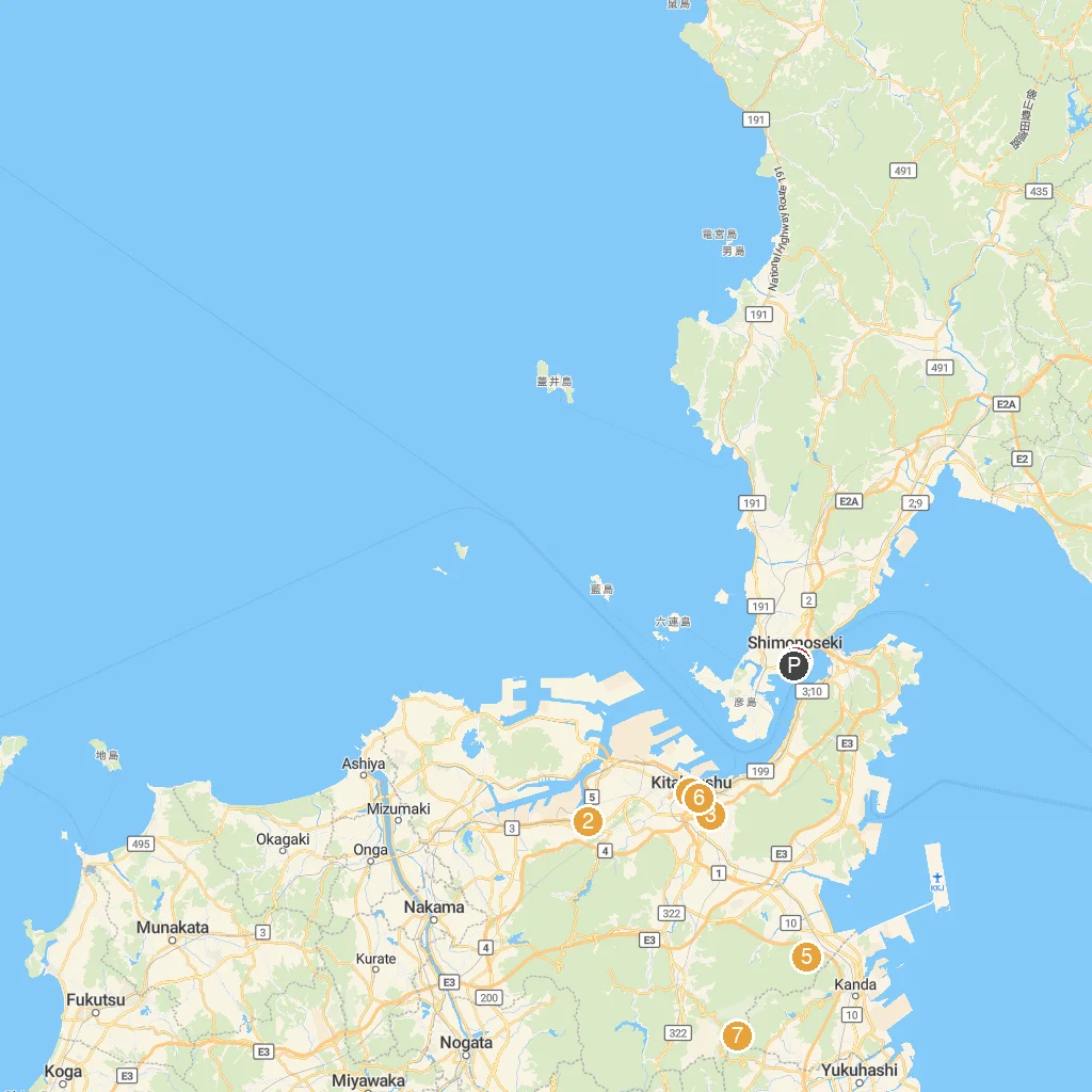 Kitakyushu, Fukuoka, Japan map with numbered points of interest