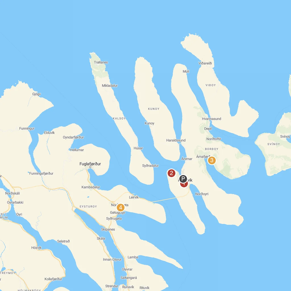 Klaksvík, Faroe Islands, Denmark map with numbered points of interest