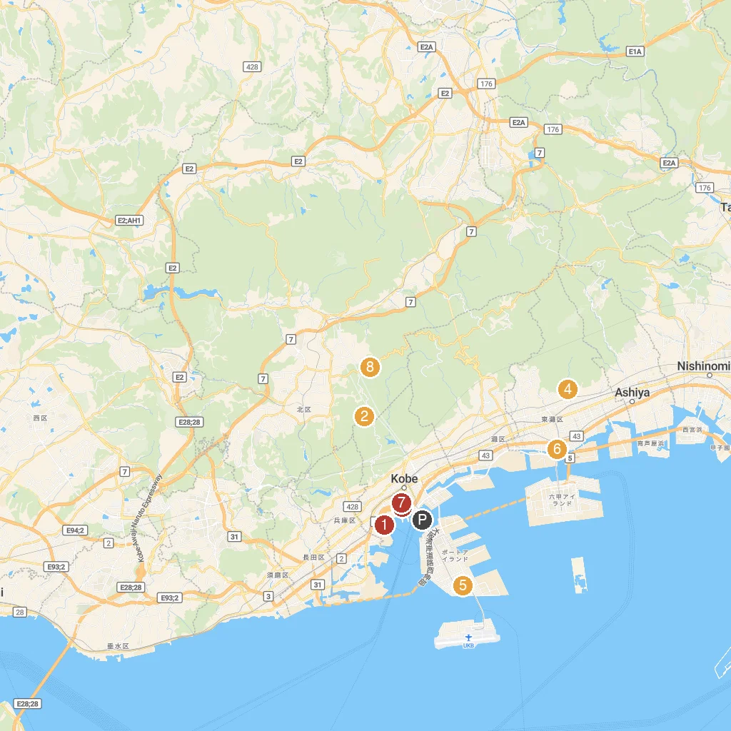 Kobe / Osaka, Kansai, Japan map with numbered points of interest