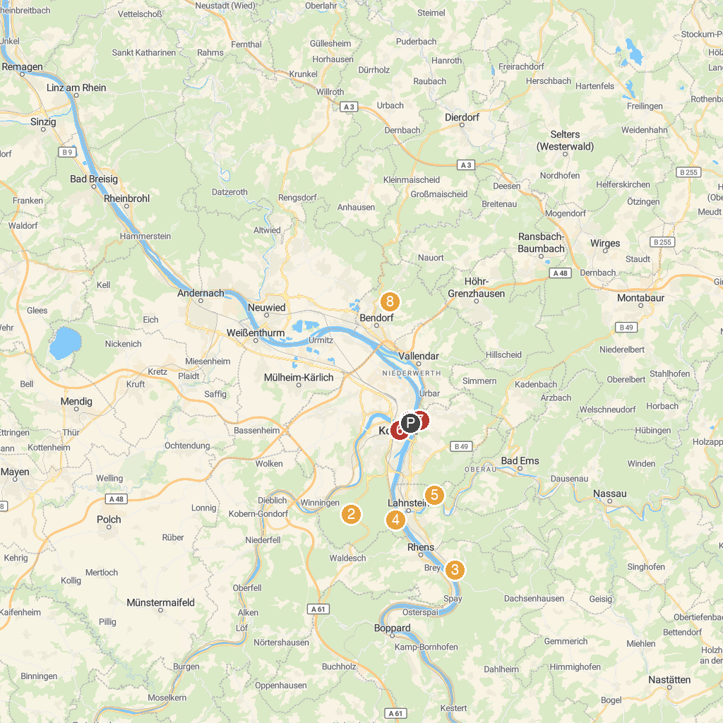 Koblenz, Rhineland-Palatinate, Germany map with numbered points of interest