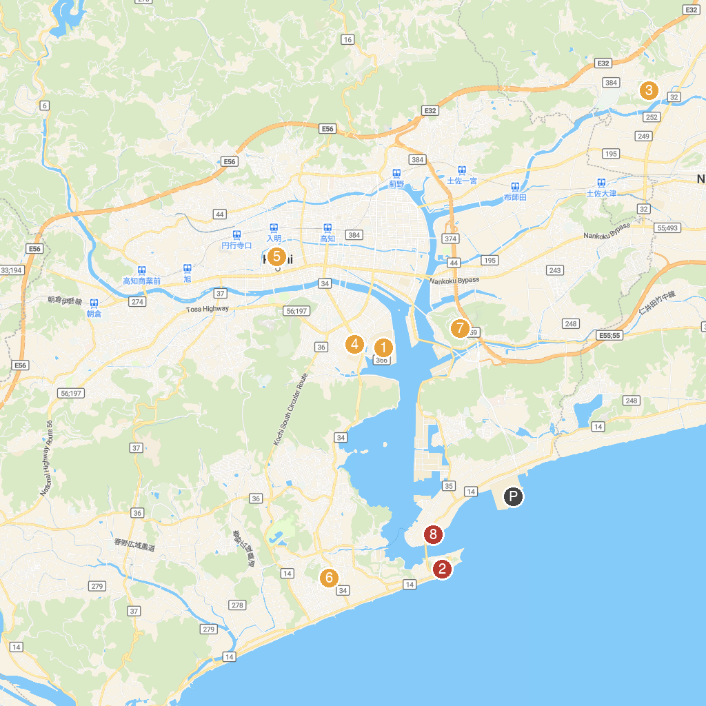 Kochi, Shikoku, Japan map with numbered points of interest