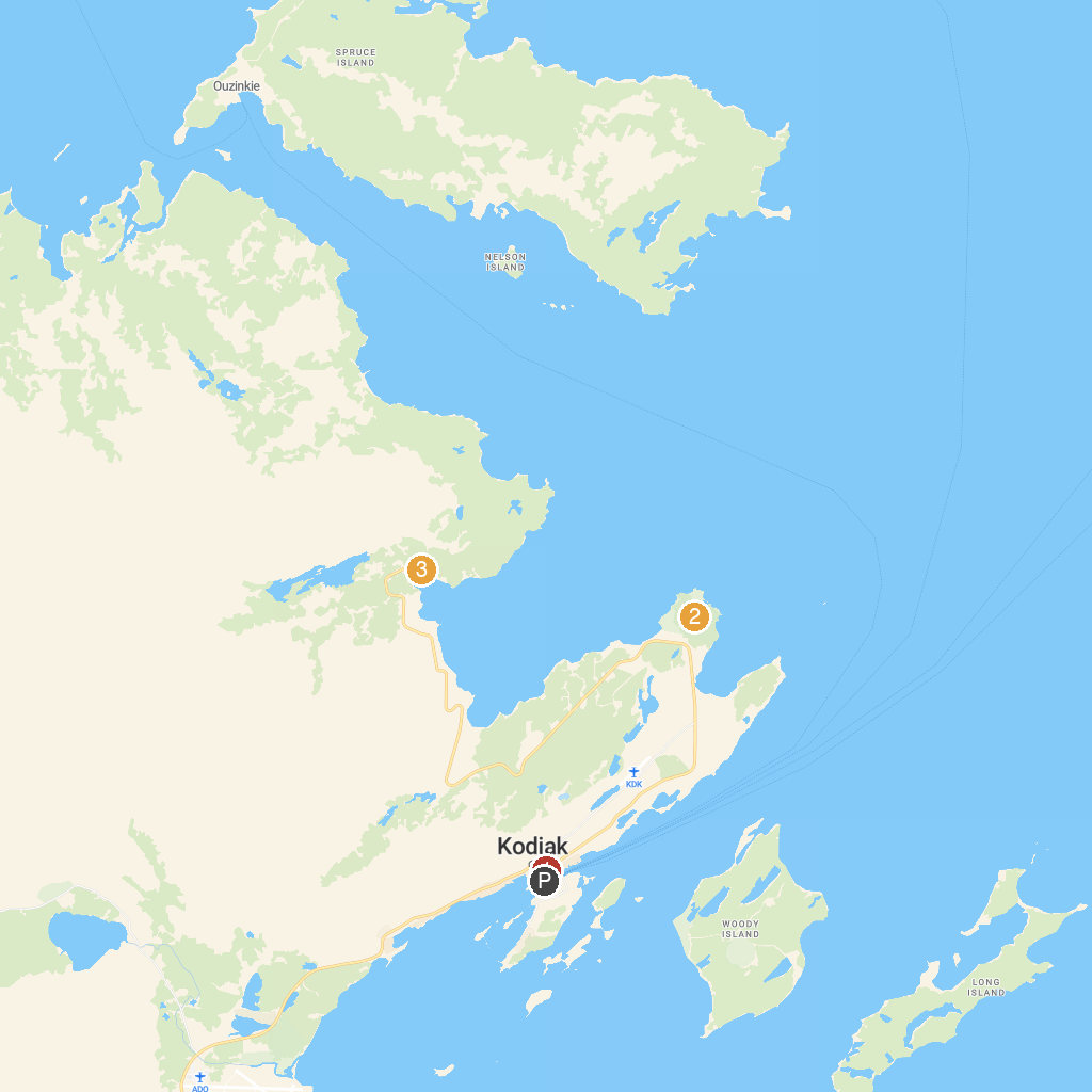 Kodiak Island, Alaska, USA map with numbered points of interest