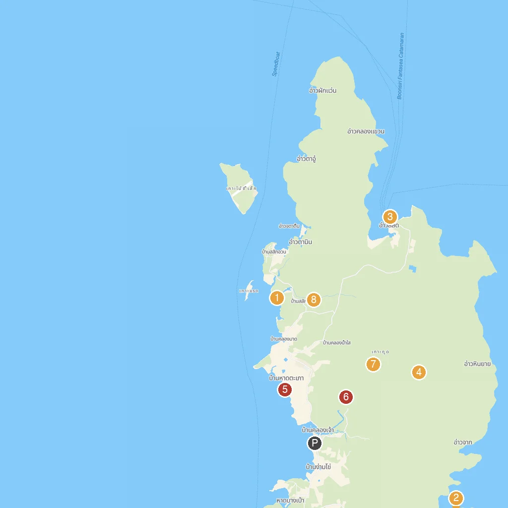 Koh Kood, Trat, Thailand map with numbered points of interest
