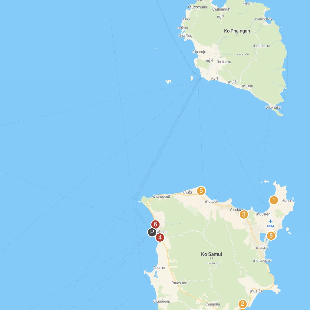 Koh Samui, Surat Thani, Thailand map with numbered points of interest