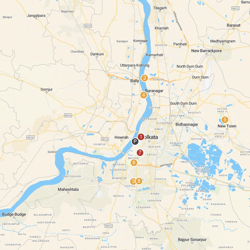 Kolkata, West Bengal, India map with numbered points of interest