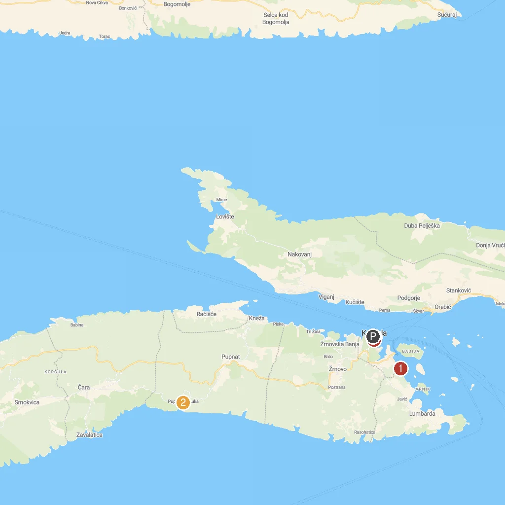 Korcula Island, Dalmatia, Croatia map with numbered points of interest