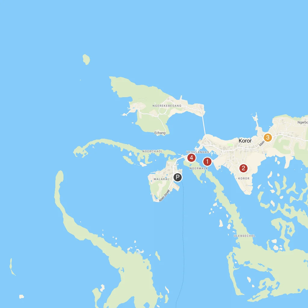 Koror, Palau map with numbered points of interest