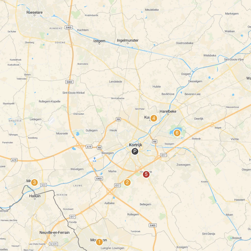 Kortrijk, Flanders, Belgium map with numbered points of interest