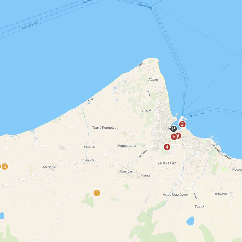 Kos, Dodecanese, Greece map with numbered points of interest