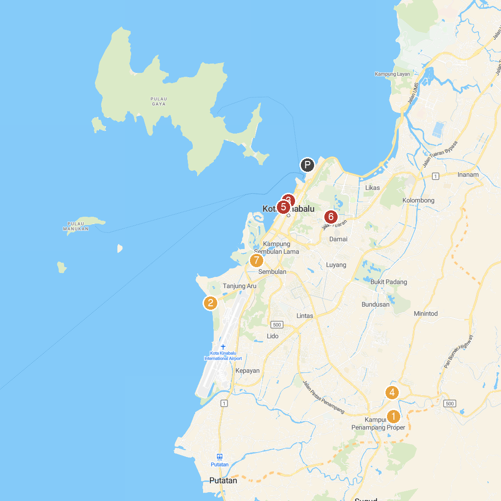 Kota Kinabalu, Sabah, Malaysia map with numbered points of interest