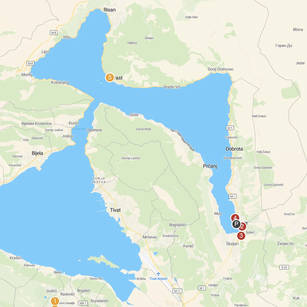Kotor, Bay of Kotor, Montenegro map with numbered points of interest