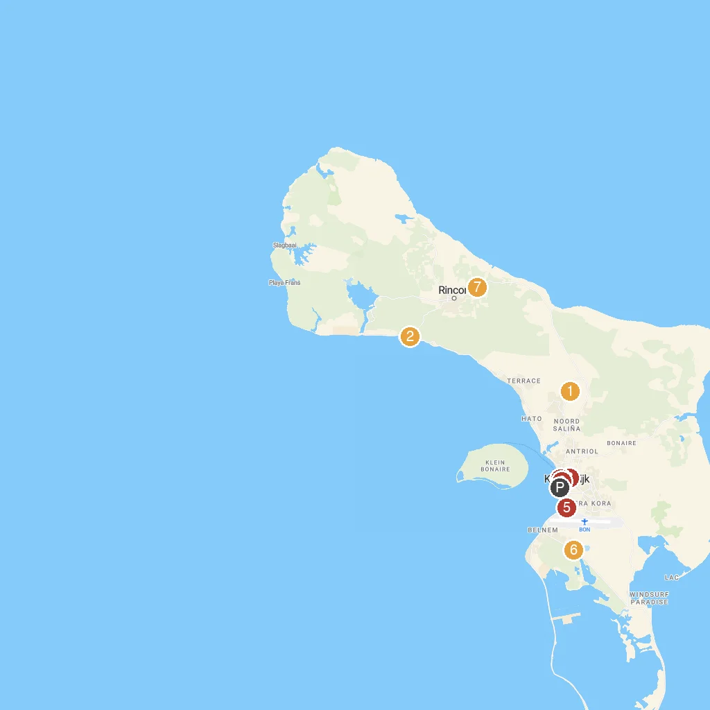 Kralendijk, Bonaire, Caribbean Netherlands map with numbered points of interest