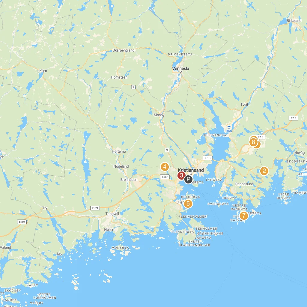 Kristiansand, Vest-Agder, Norway map with numbered points of interest