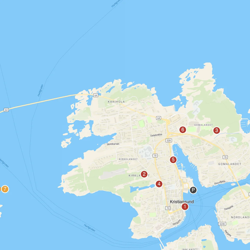 Kristiansund, Møre og Romsdal, Norway map with numbered points of interest
