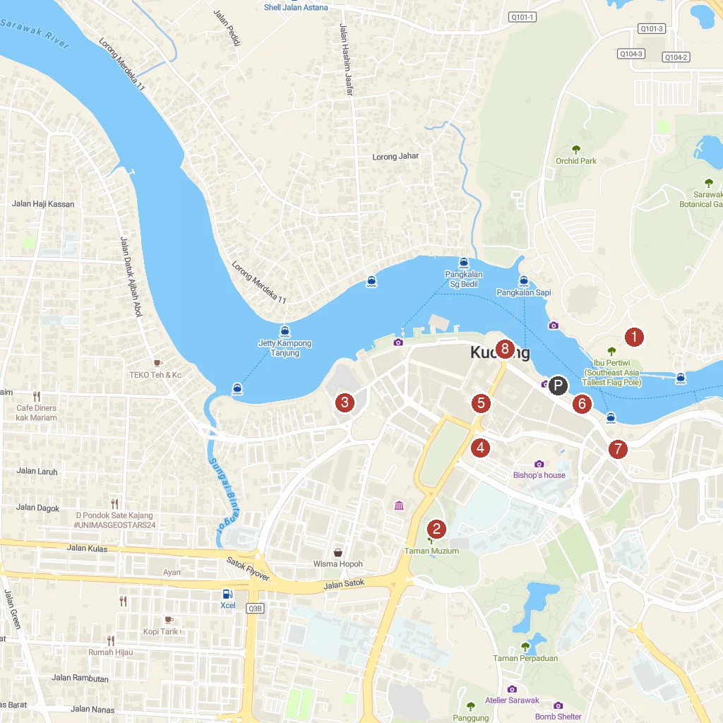 Kuching, Sarawak, Malaysia map with numbered points of interest