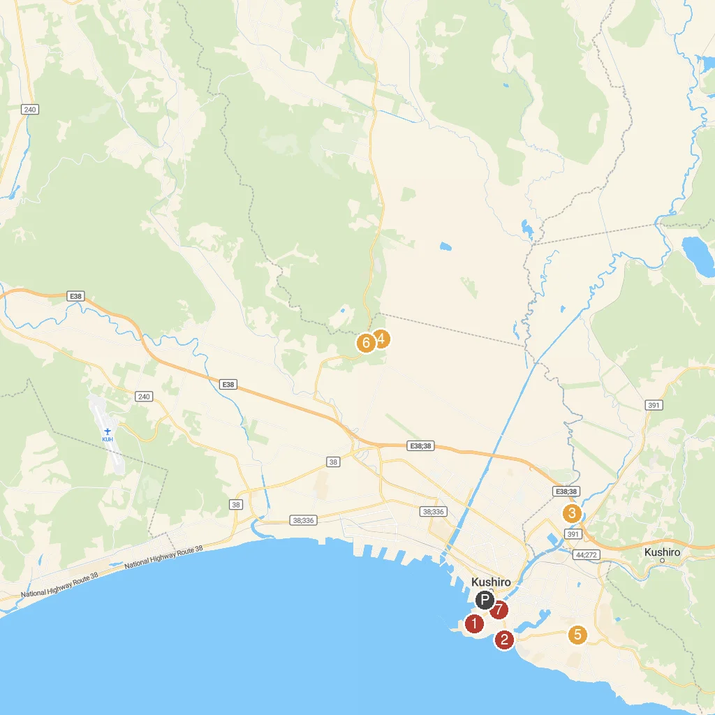 Kushiro City, Hokkaido, Japan map with numbered points of interest