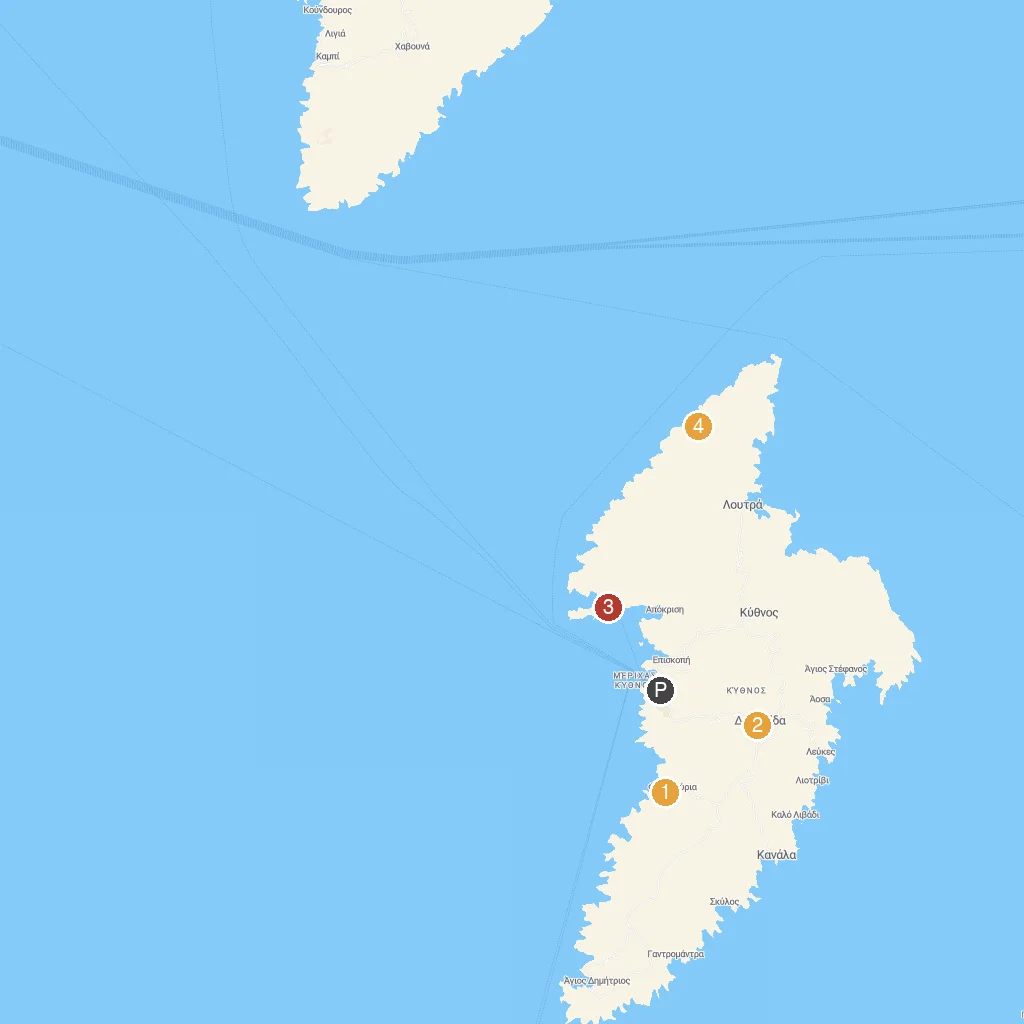 Kythnos Island, Cyclades, Greece map with numbered points of interest