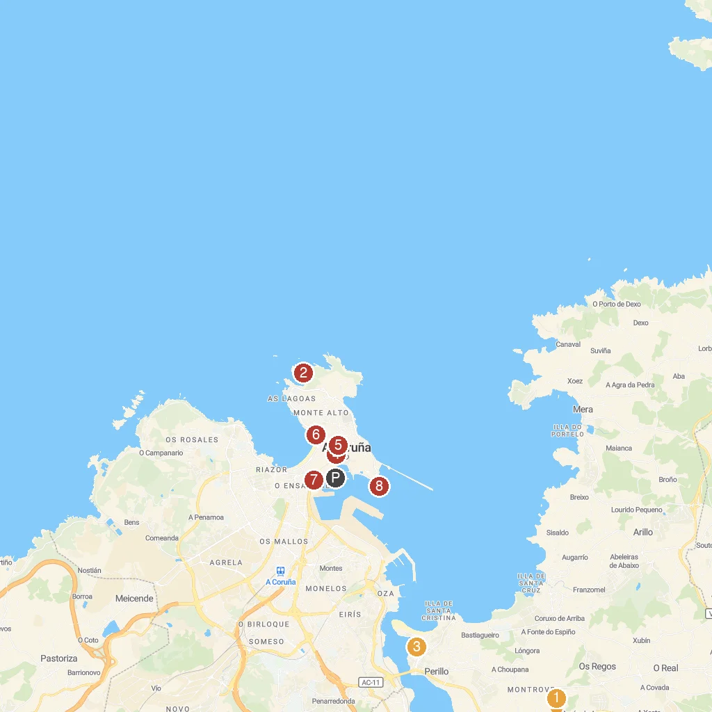 La Coruña, Galicia, Spain map with numbered points of interest