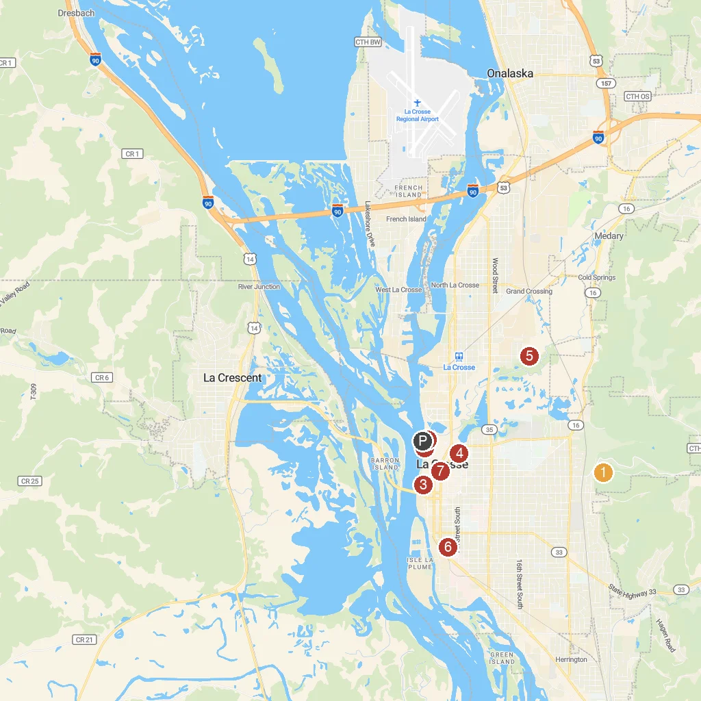 La Crosse, Wisconsin, USA map with numbered points of interest