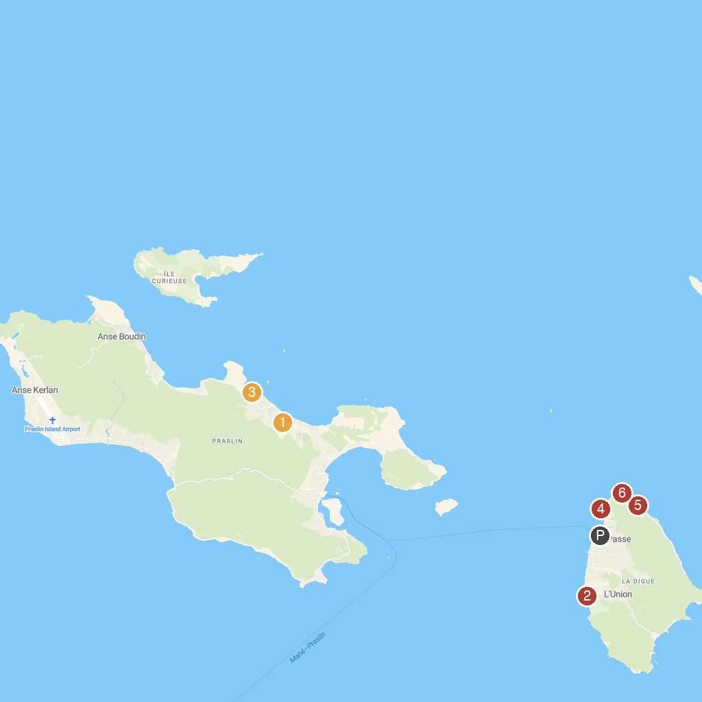 La Digue, Seychelles map with numbered points of interest