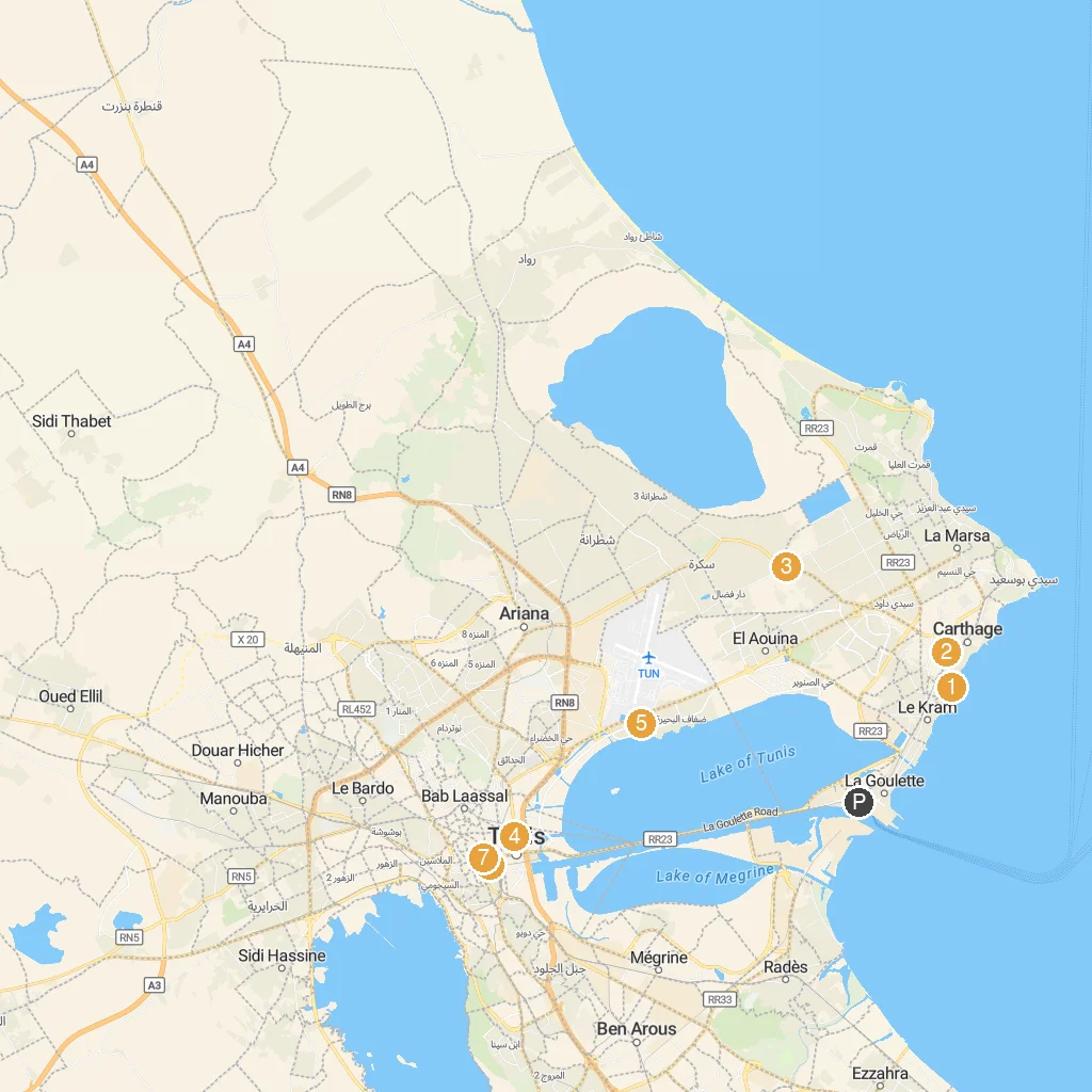 La Goulette, Tunis, Tunisia map with numbered points of interest