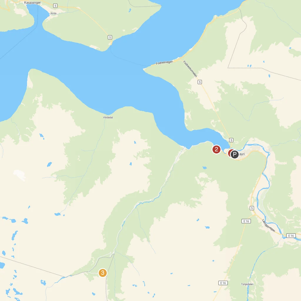 Lærdal, Vestland, Norway map with numbered points of interest