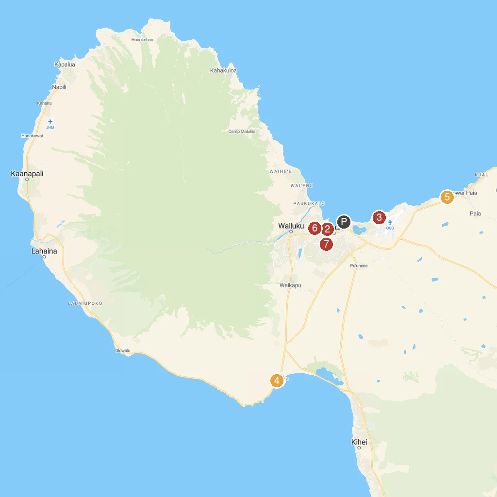 Lahaina, Maui, Hawaii, USA map with numbered points of interest