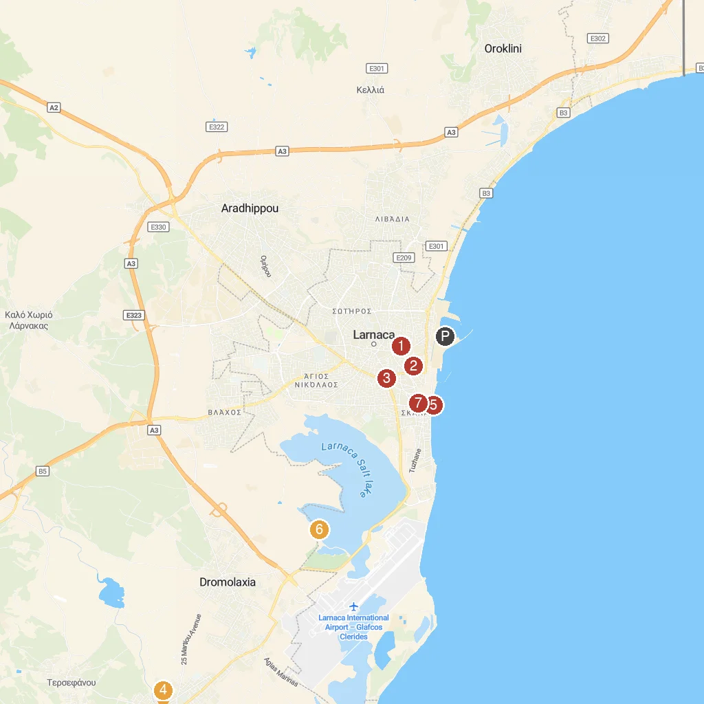 Larnaca, Cyprus map with numbered points of interest