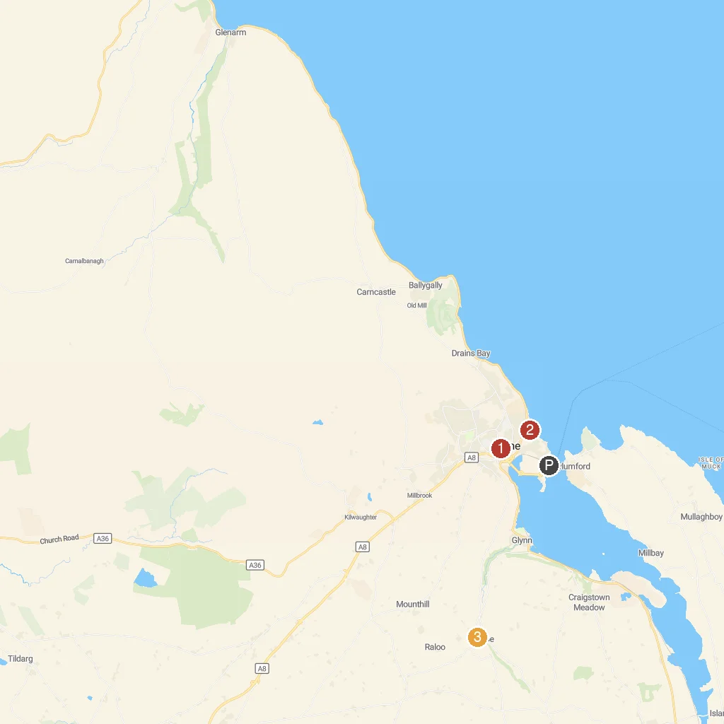 Larne, County Antrim, Northern Ireland map with numbered points of interest