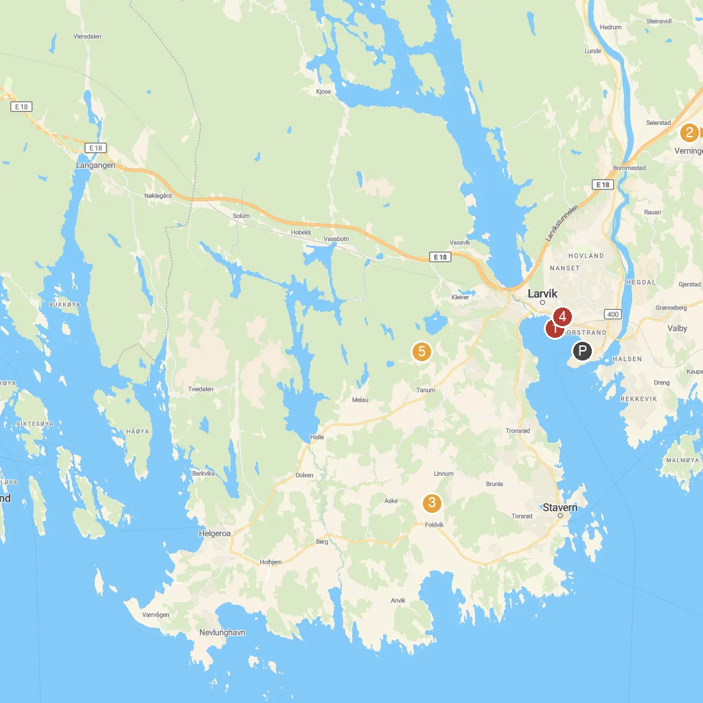 Larvik, Vestfold, Norway map with numbered points of interest