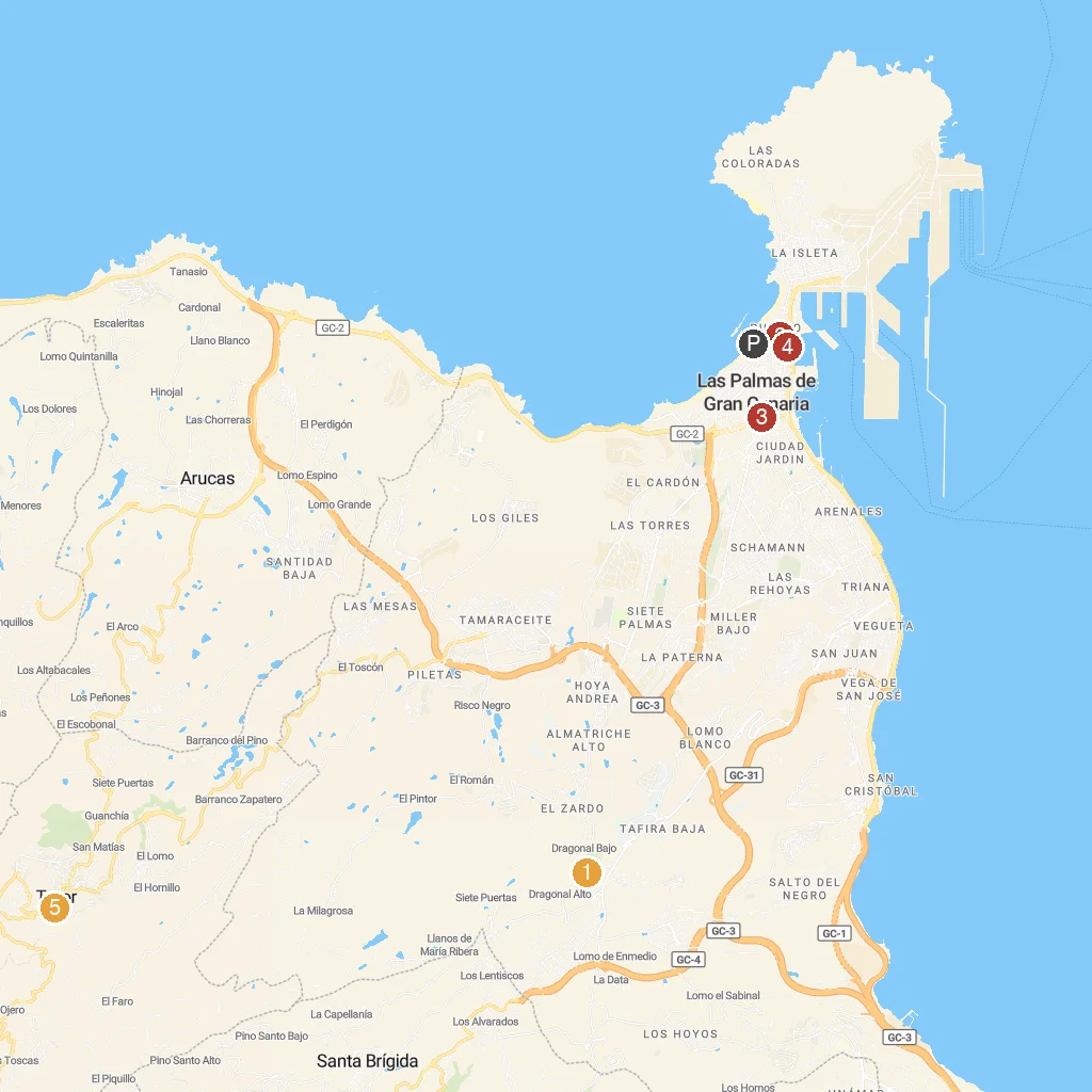 Las Palmas de Gran Canaria, Gran Canaria, Spain map with numbered points of interest