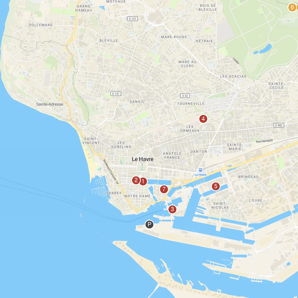 Le Havre, Normandy, France map with numbered points of interest