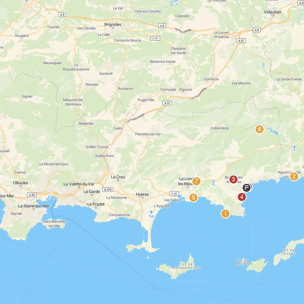 Le Lavandou, Var, France map with numbered points of interest
