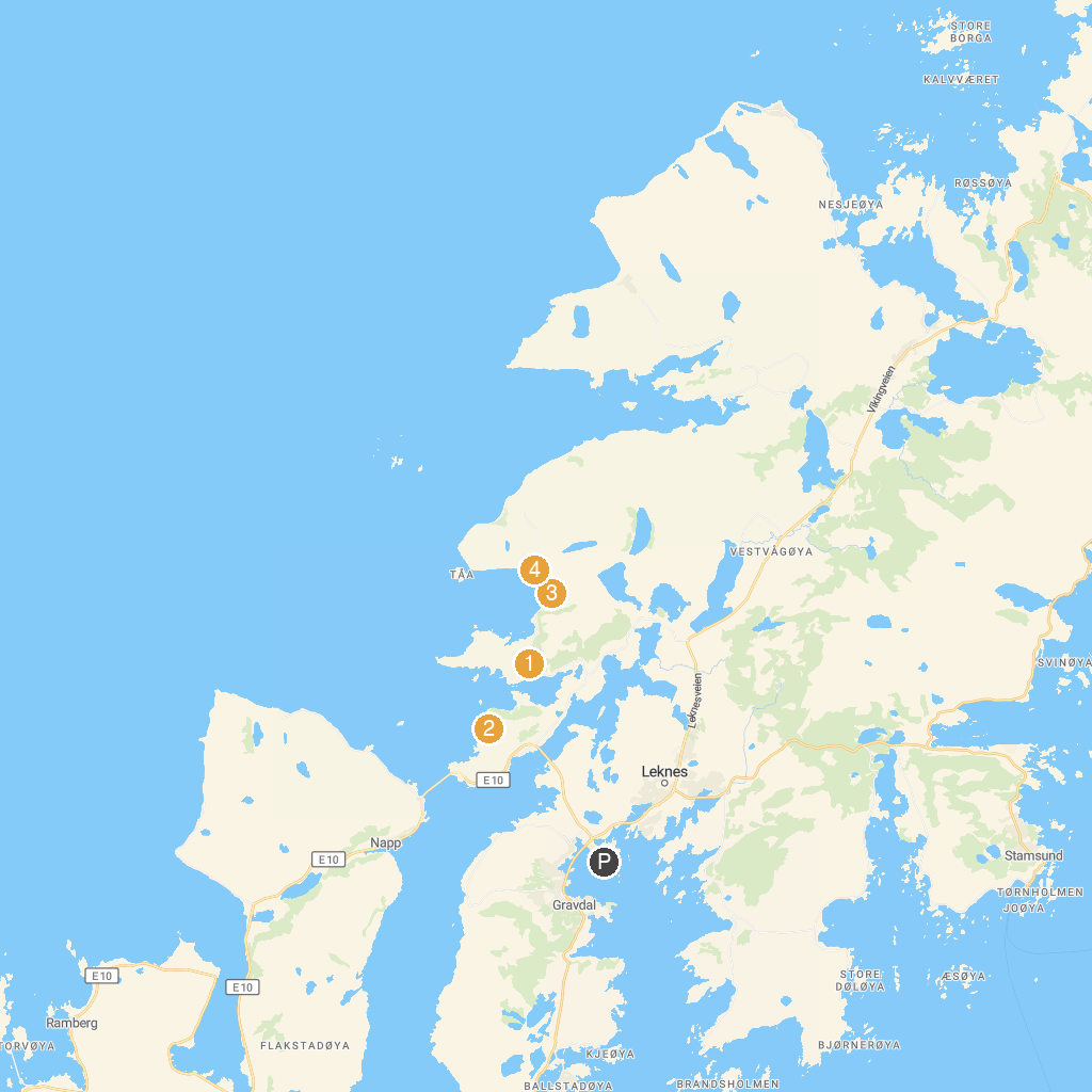 Leknes-Gravdal, Lofoten Islands, Norway map with numbered points of interest