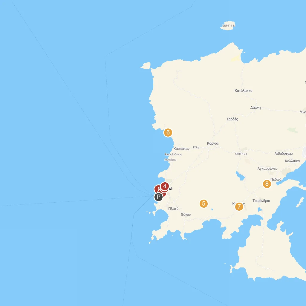 Lemnos Island, Aegean, Greece map with numbered points of interest