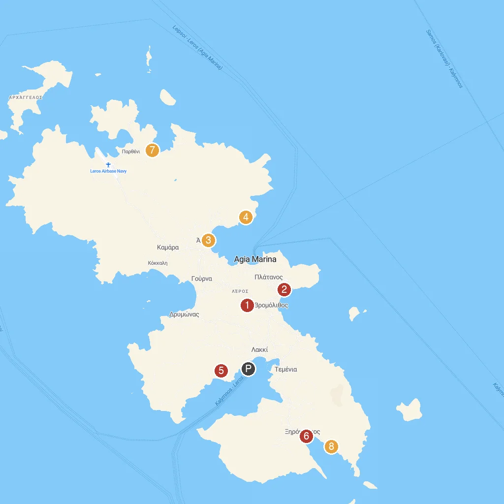 Leros Island, Dodecanese, Greece map with numbered points of interest