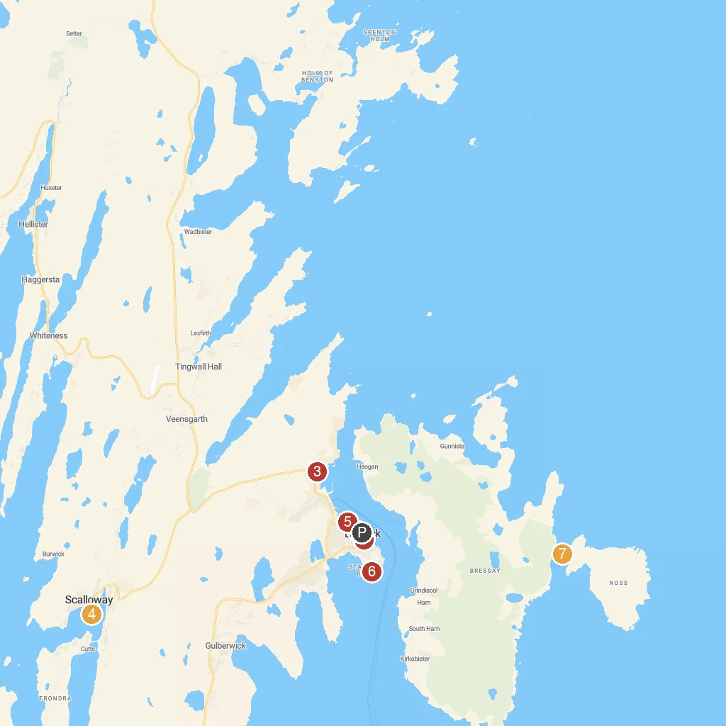 Lerwick, Shetland Islands, Scotland map with numbered points of interest