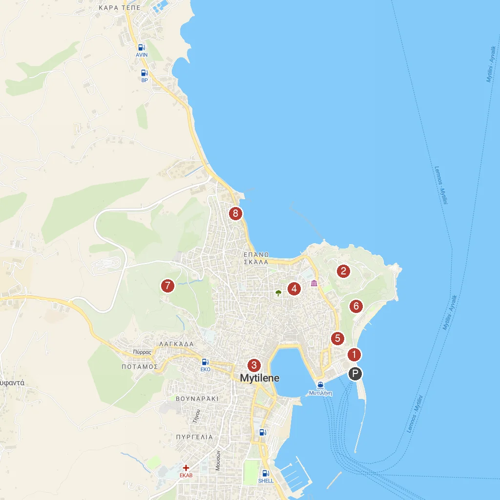 Lesbos Island (Mytilene), Aegean, Greece map with numbered points of interest