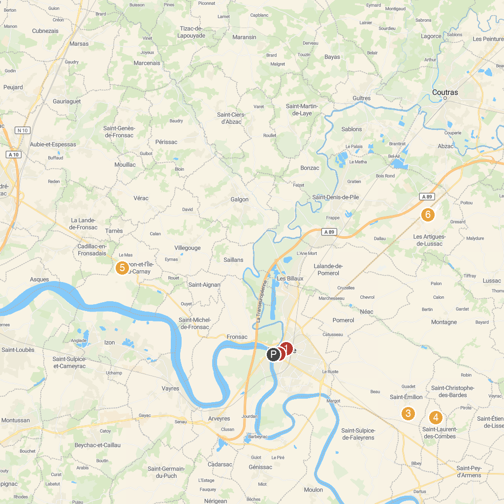 Libourne, Gironde, France map with numbered points of interest